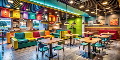 Wallpaper Mural Stylish Fast Food Restaurant Interior Design with Modern Decor, Bright Colors, and Cozy Atmosphere, Ideal for Trendy Dining Experiences Torontodigital.ca
