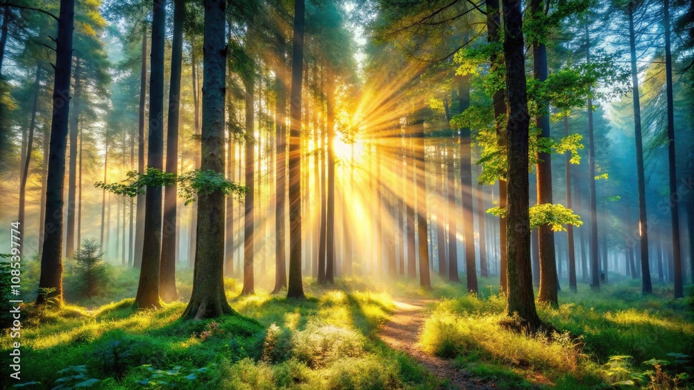 Naklejka premium Sunlight Filtering Through Misty Forest Trees with Bokeh Effect for Peaceful Nature Imagery