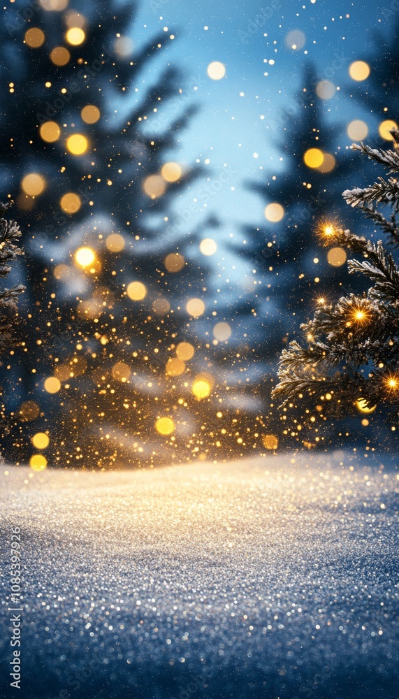 Naklejka premium Snowy Landscape, Abstract Winter Stage With Golden Christmas Lights Against Blue Sky, Copy Space