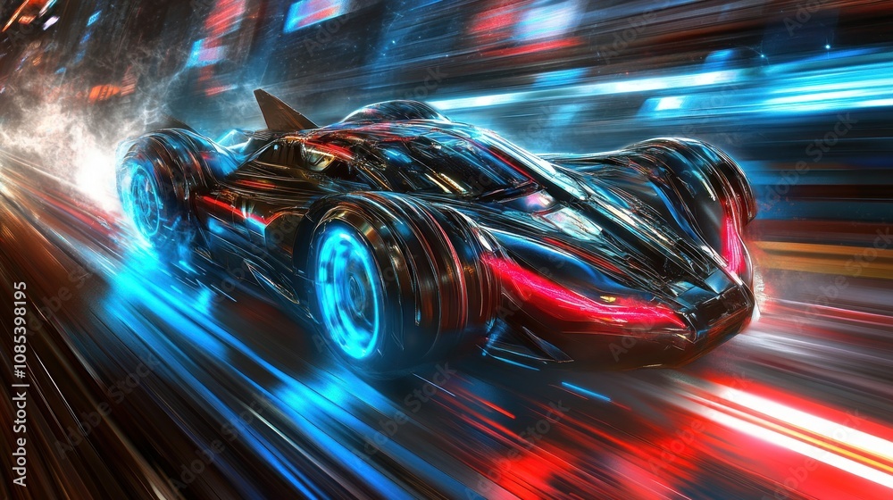 Fototapeta premium Futuristic Car Speeding Through Neon City