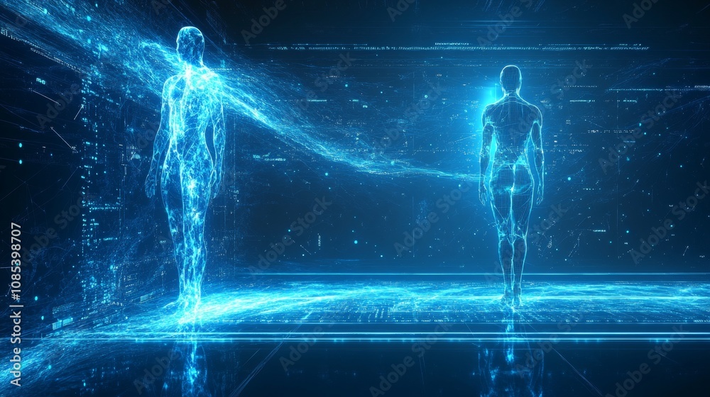 Interconnected Digital Human Figures, Futuristic Communication and Data Transfer, 3D Render Interconnected Digital Human Figures, Futuristic Communication and Data Transfer, 3D Render