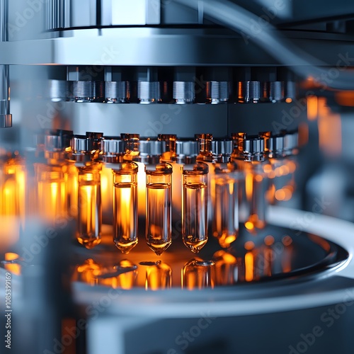 A close-up view of a high-tech pharmaceutical machine, showcasing illuminated vials filled with liquid in a sterile environment.