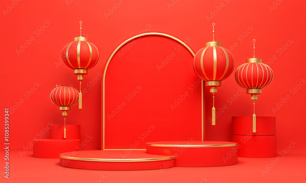 Chinese red background, 3D award podium, luxury Chinese new year product stage, Chinese product display background, red award podium, abstract light studio, Asian circle shape, happy, modern Chinese red background, 3D award podium, luxury Chinese new year product stage, Chinese product display background, red award podium, abstract light studio, Asian circle shape, happy, modern