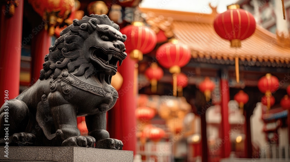 Black Stone Lion Guardian in Front of Red Lanterns