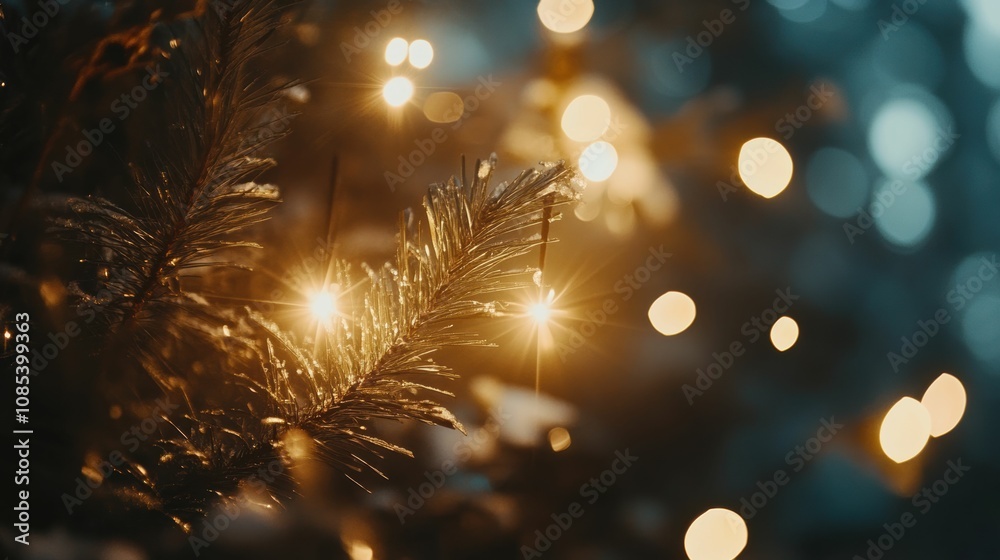 Fototapeta premium Sparklers light up the calm dusk sky, creating a dreamy ambiance with blurred golden lights shimmering behind.