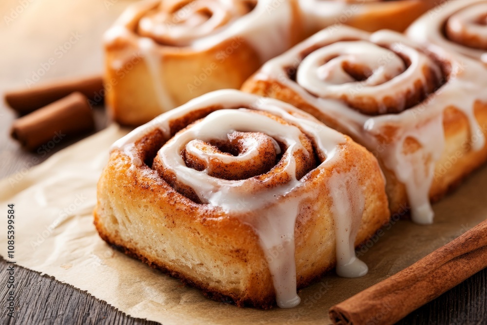 Freshly baked cinnamon rolls drizzled with creamy icing, resting on parchment paper beside cinnamon sticks. Freshly baked cinnamon rolls drizzled with creamy icing, resting on parchment paper beside cinnamon sticks.