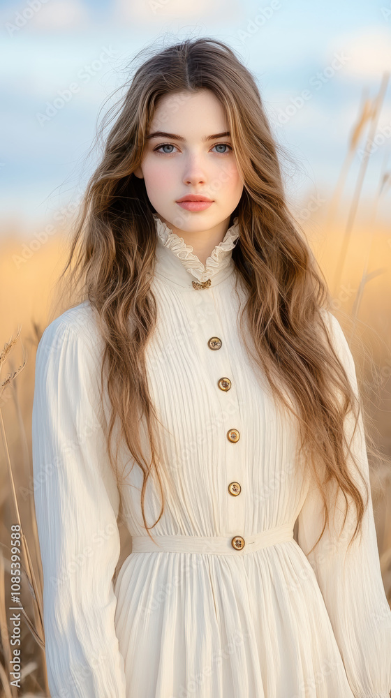young woman in white dress stands in field, with long hair and serene expression. dress features buttons and ruffled collar, blending with natural surroundings young woman in white dress stands in field, with long hair and serene expression. dress features buttons and ruffled collar, blending with natural surroundings