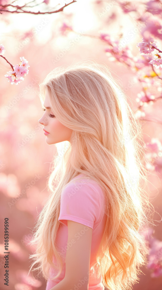 serene profile of woman with long blonde hair surrounded by pink cherry blossoms, evoking sense of tranquility and beauty serene profile of woman with long blonde hair surrounded by pink cherry blossoms, evoking sense of tranquility and beauty
