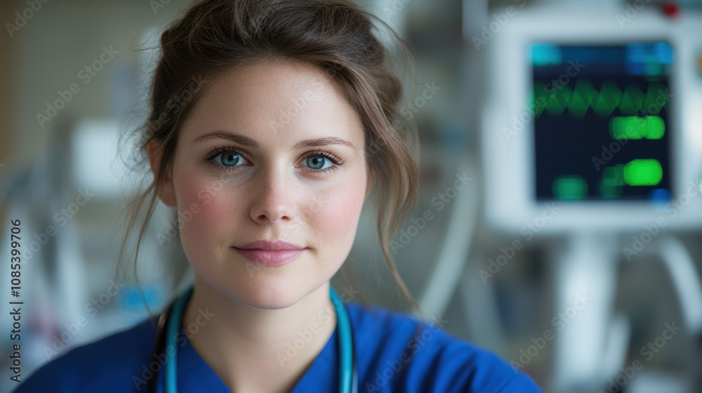 healthcare professional in blue scrubs, smiling confidently in medical environment, showcasing dedication and compassion healthcare professional in blue scrubs, smiling confidently in medical environment, showcasing dedication and compassion