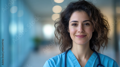 smiling female healthcare professional in blue scrubs, with stethoscope around her neck, exuding confidence and warmth in modern medical environment