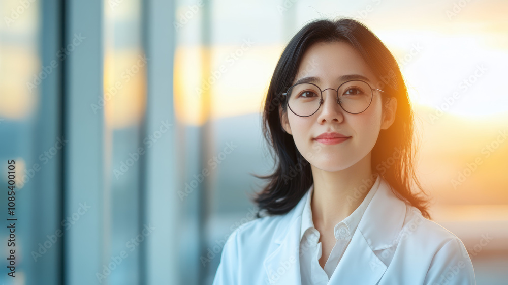 confident woman in lab coat stands by window, showcasing her professionalism and warmth. sunset creates serene backdrop, enhancing positive atmosphere confident woman in lab coat stands by window, showcasing her professionalism and warmth. sunset creates serene backdrop, enhancing positive atmosphere