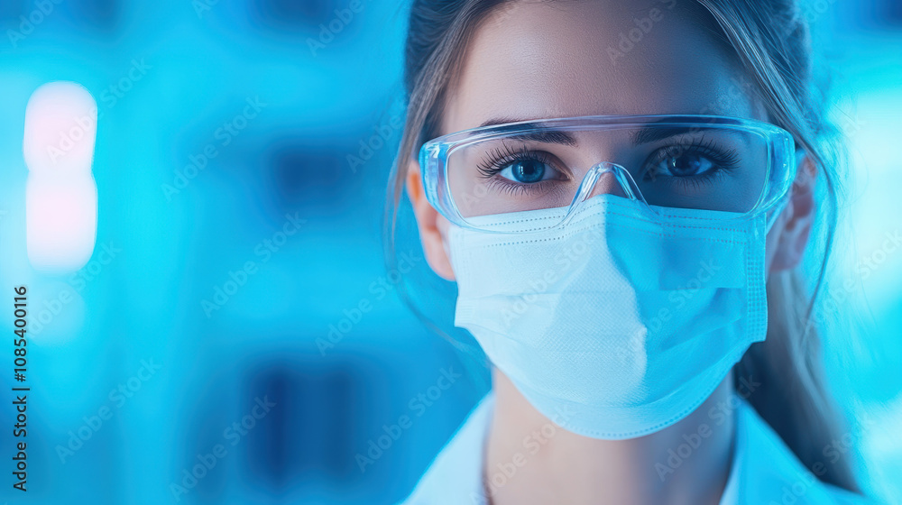 Medical professional wearing protective eyewear and mask, focused expression, in clinical setting. blue lighting adds modern touch to healthcare environment Medical professional wearing protective eyewear and mask, focused expression, in clinical setting. blue lighting adds modern touch to healthcare environment