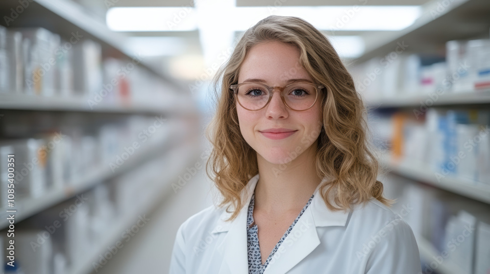 confident woman in lab coat stands in pharmacy aisle, surrounded by shelves of medication. Her glasses and friendly smile convey professionalism and approachability confident woman in lab coat stands in pharmacy aisle, surrounded by shelves of medication. Her glasses and friendly smile convey professionalism and approachability