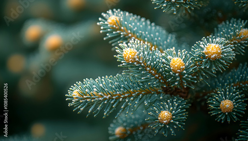 Close-up of frosted blue spruce branch with yellow buds.