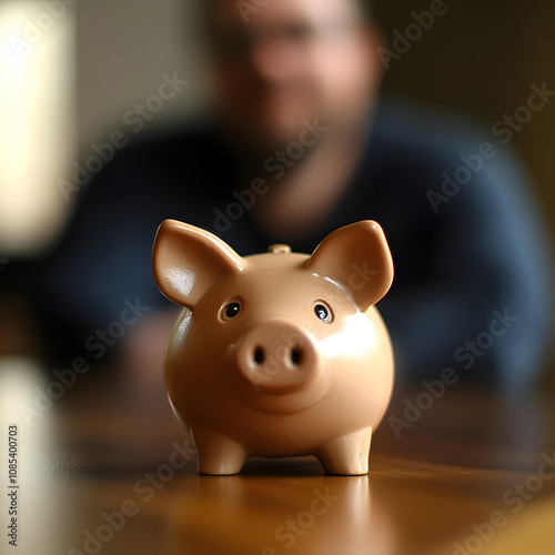 A piggy bank sits on a table in focus, with a blurred figure of a person in the background, symbolizing savings and financial management.