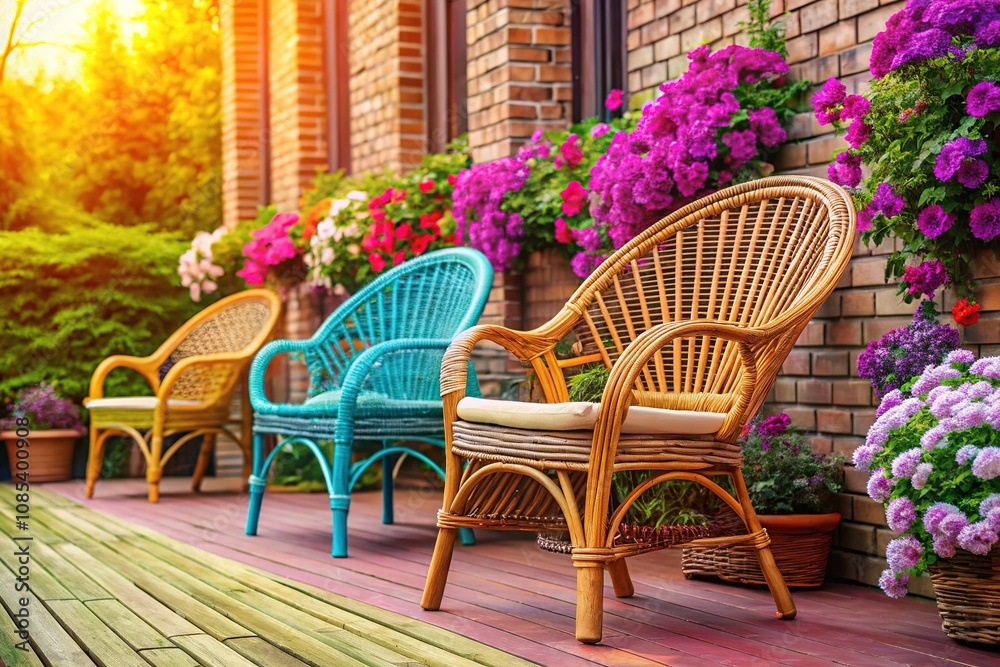 D flower garden on a white brick balcony with rattan chairs. D flower garden on a white brick balcony with rattan chairs.