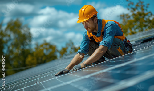 A man checks a solar panel installation.