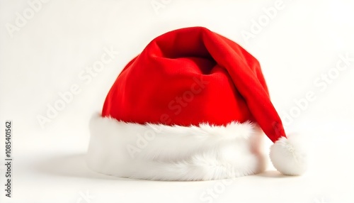 Santa, hat, red, white, Christmas, festive, holiday, isolated, background, seasonal, winter, traditional, cozy, cheerful, decoration, iconic, merry, jolly, soft, fabric, fluffy, velvet, headwear, photo