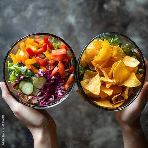 A vibrant salad bowl filled with colorful vegetables alongside a bowl of crispy chips, showcasing a delightful snack and healthy eating contrast.