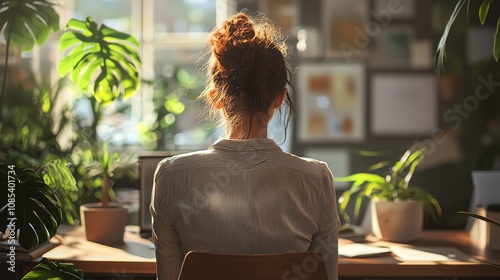 Spring afternoon woman in a brightly lit office but still mentally drained