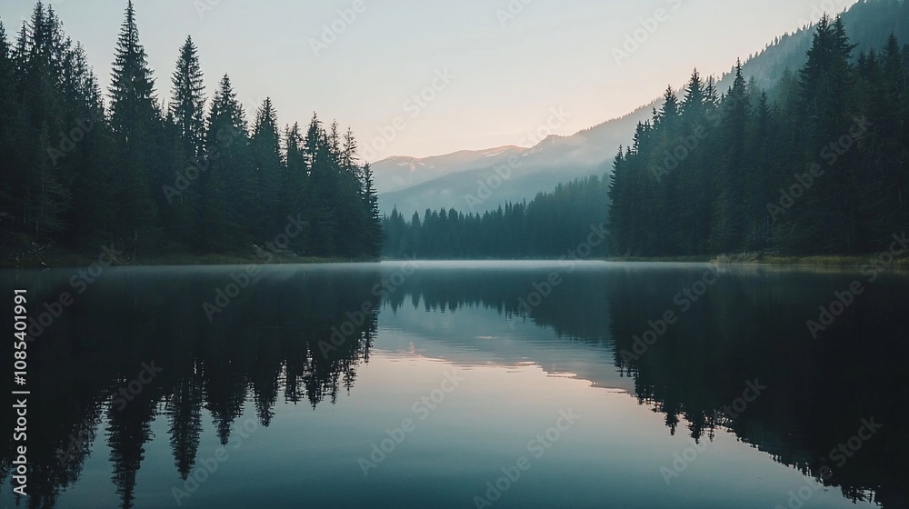 Tranquil Morning Reflections Over a Serene Lake Surrounded by Pine Forests Tranquil Morning Reflections Over a Serene Lake Surrounded by Pine Forests