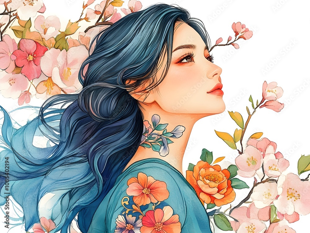 Fototapeta premium Serene Watercolor Portrait of Japanese Woman.