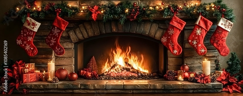 Cozy Christmas fireplace with stockings and presents.