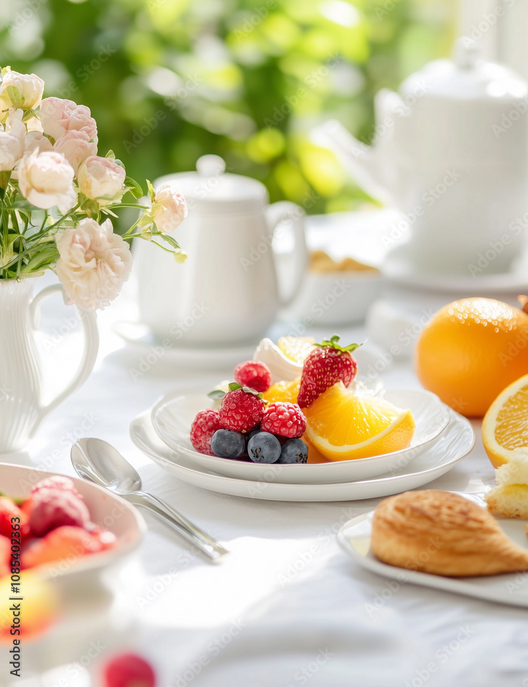 A colorful summer fruit dessert spread with juicy berries, citrus slices, and pastries, all highlighted by soft natural light A colorful summer fruit dessert spread with juicy berries, citrus slices, and pastries, all highlighted by soft natural light