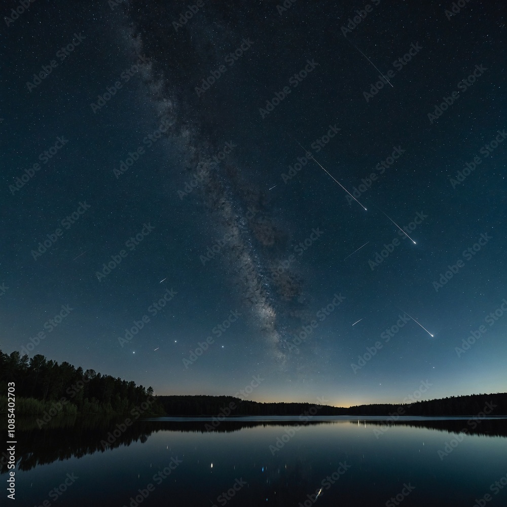 A clear night sky reflecting in a calm lake with shooting stars visible.
A clear night sky reflecting in a calm lake with shooting stars visible.