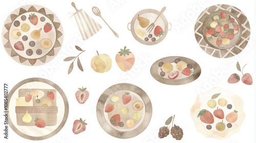 Watercolor hand drawn illustration of a set of various breakfast items.