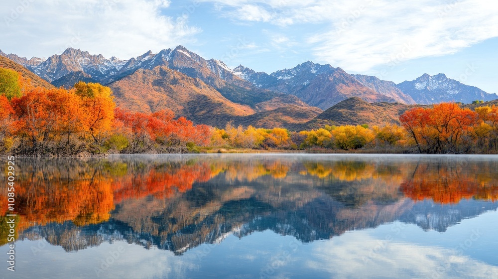 Obraz premium landscape featuring autumn foliage reflecting in a calm lake with mountains in the background.