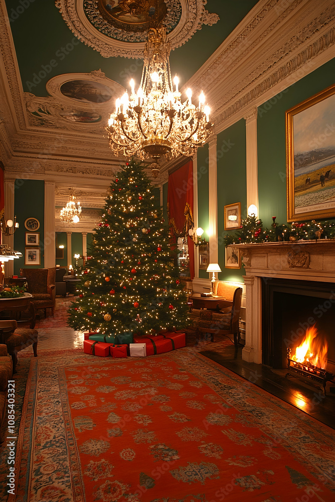 Elegant Christmas tree in a grand room with fireplace and chandelier. Elegant Christmas tree in a grand room with fireplace and chandelier.