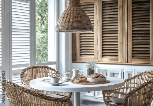 Scandinavian-style dining table with a white top and round shape, featuring rattan chairs around it