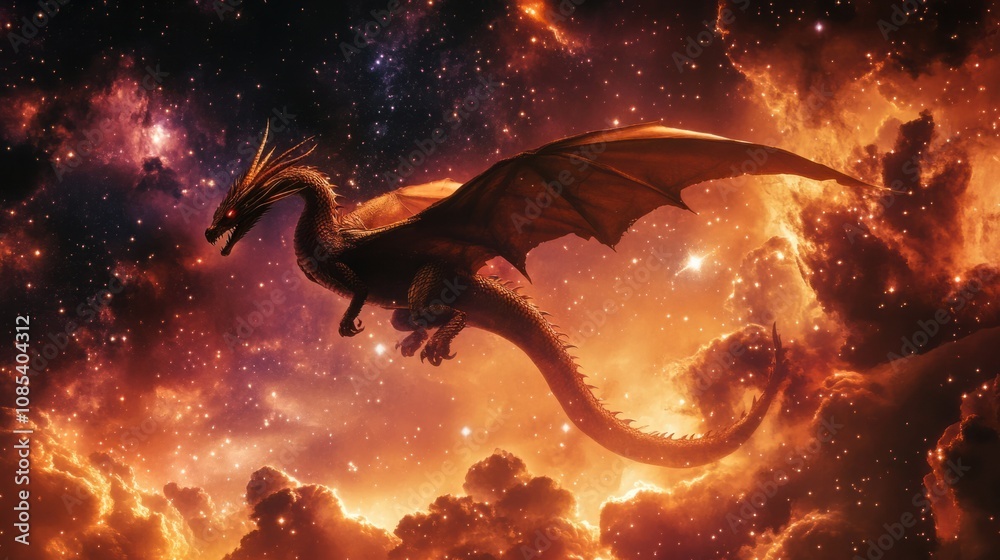 Fototapeta premium Ethereal dragon flying through a celestial sky, with stars and glowing nebulae all around