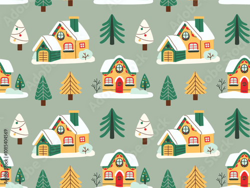 Seamless Christmas pattern with festive houses, decorated trees, and snow in flat style. Perfect for holiday wrapping paper, textile, and winter-themed designs.