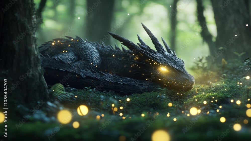 Ethereal dragon resting in a lush forest glade, with glowing fireflies and soft light all around Ethereal dragon resting in a lush forest glade, with glowing fireflies and soft light all around