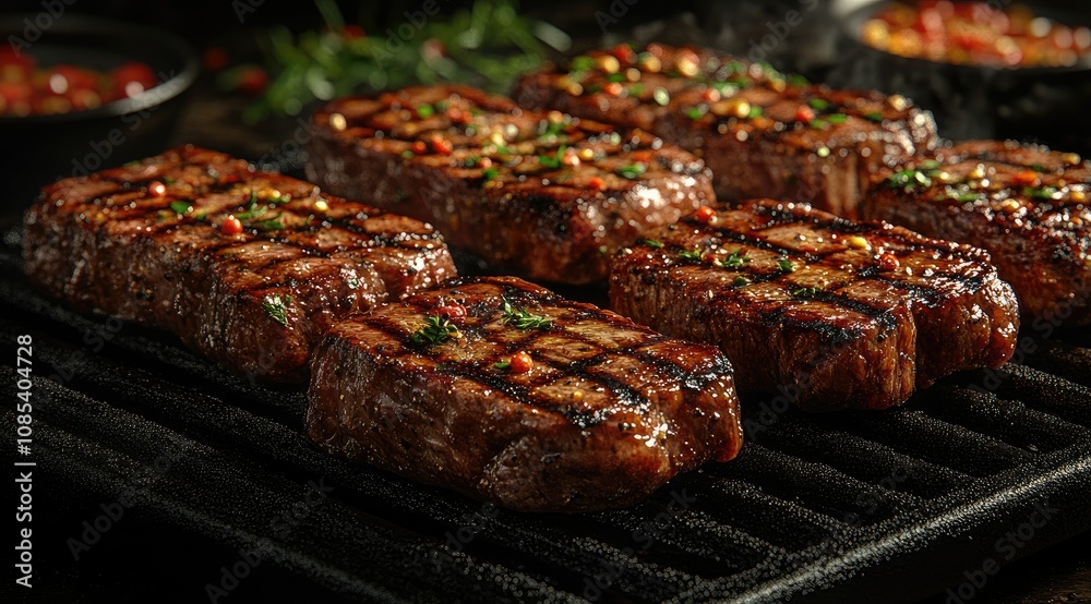 Juicy grilled steaks on a hot grill, seasoned with herbs and spices. Juicy grilled steaks on a hot grill, seasoned with herbs and spices.