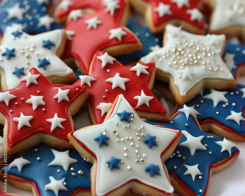 Obraz premium Colorful star-shaped cookies decorated with red, white, and blue icing, featuring festive designs perfect for celebrations.