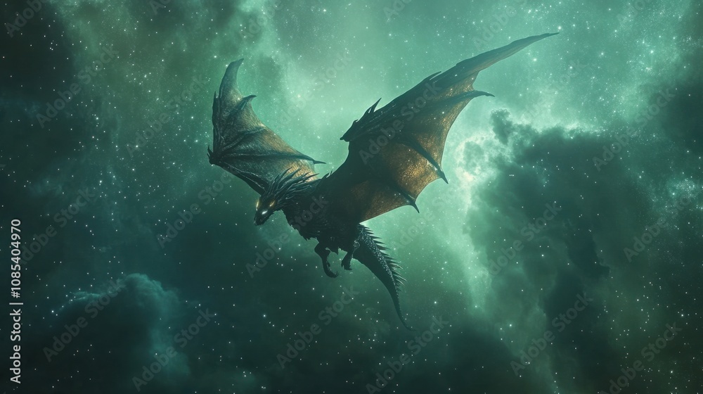 Obraz premium Ethereal dragon with glowing wings flying through a mystical sky filled with stars