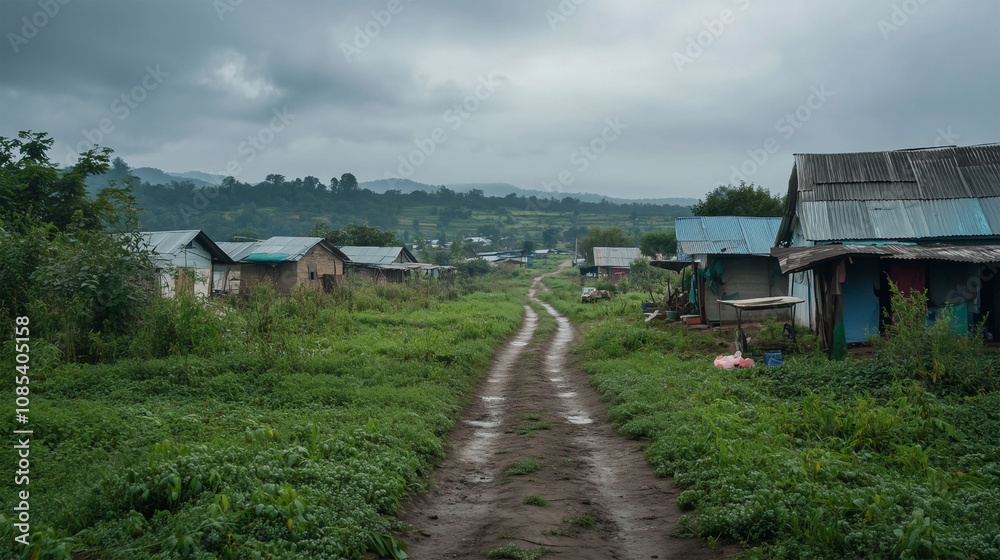 A dirt road runs through a field with a few houses on either side A dirt road runs through a field with a few houses on either side