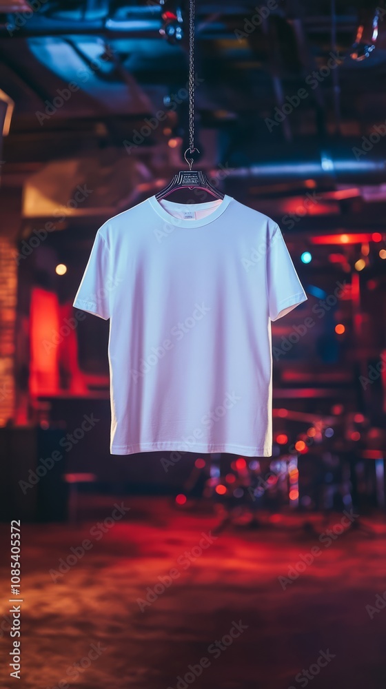 Obraz premium Blank White T-Shirt Hanging in a Dark Club. A clean, crisp white t-shirt hangs on a clothes hanger against a blurred background of a dimly lit club or bar.
