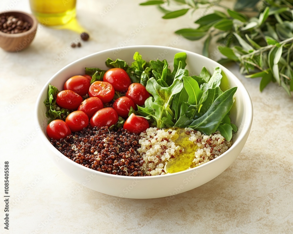 **Flat lay of vibrant Mediterranean grain bowl with quinoa, leafy greens, cherry tomatoes, and olive oil drizzle, styled on a pale beige surface with natural elements in the background  