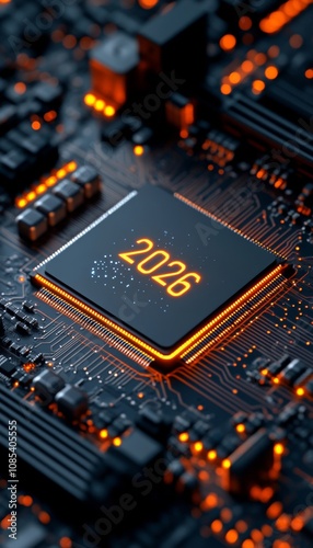 2026 Etched on Futuristic Computer Chip, Illuminated Circuitry, Technological Advancement