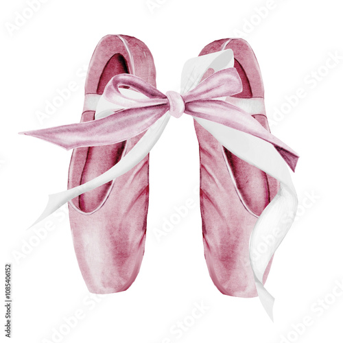 Pointe shoes watercolor. Hand drawn pink ballerina accessories postcard on isolated white background. Clip art of elegant satin ballet shoes with space for name inscription. Ideal card for ballet and