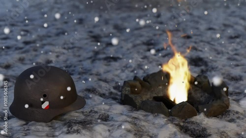 Helmet on ground beside Fireplace