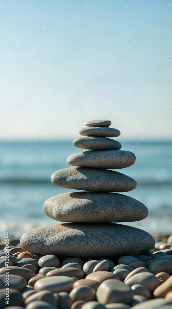 Fototapeta premium Balanced Zen Stone Cairn Stack on Peaceful Beach with Smooth Pebbles Against Turquoise Ocean Background, Natural Meditation and Wellness Concept