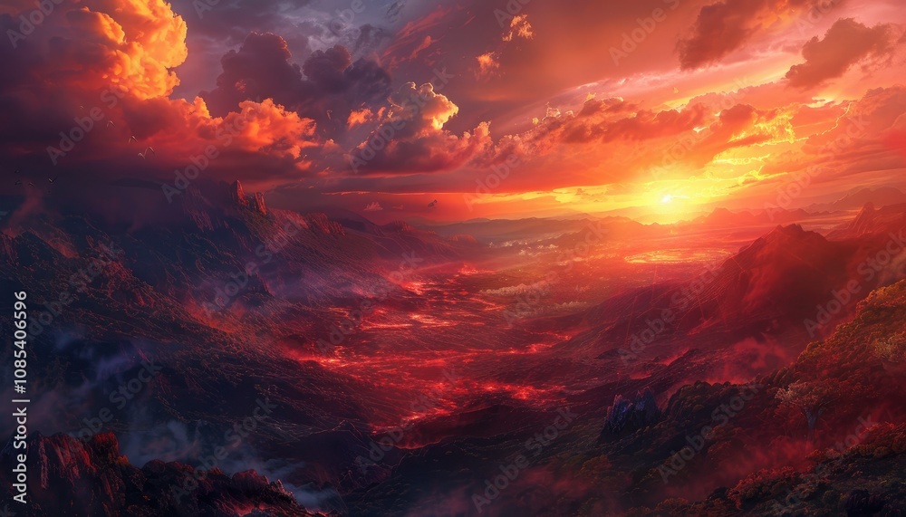 Fototapeta premium A fiery sunset over a volcanic landscape with flowing lava