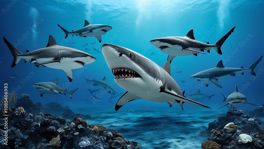 Fototapeta premium What If Sharks Disappeared? The Ocean's Chaos Without Top Predators, Generative AI