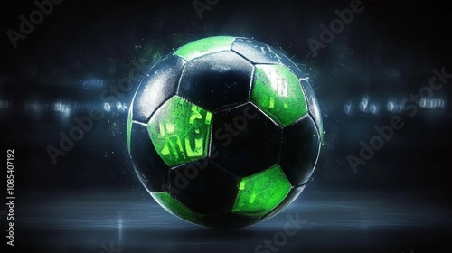 Glowing Soccer Ball Isolated on Dark Background, Digital Sports Art, Competitive Theme.