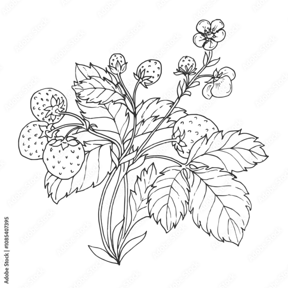 Wild strawberry sketch ink graphic illustration, draft silhouette drawing, black on white line art. Botanical vintage etching food design.